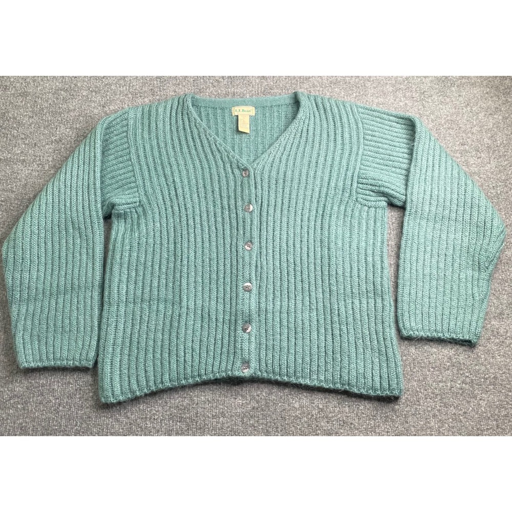 L.L. Bean Cardigan Women XL Green‎ Mohair Wool Blend Ribbed V-Neck H252